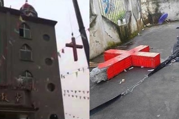 中国のキリスト教徒、撤去された十字架を再び教会に設置して抗議