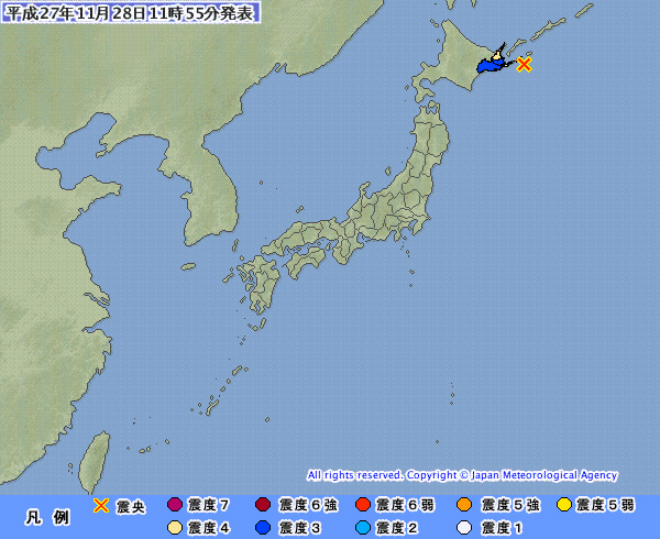 北海道根室市などで震度４の地震　マグニチュード５・５