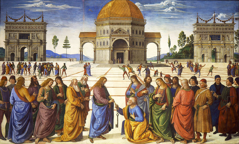 ペルジーノ「聖ペテロへの天国の鍵の授与」（バチカン・システィーナ礼拝堂壁画）