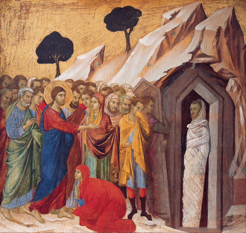 ドゥッチョ「ラザロの復活」（米キンベル美術館所蔵）。イエス様の前にいる女性２人がマルタとマリア。