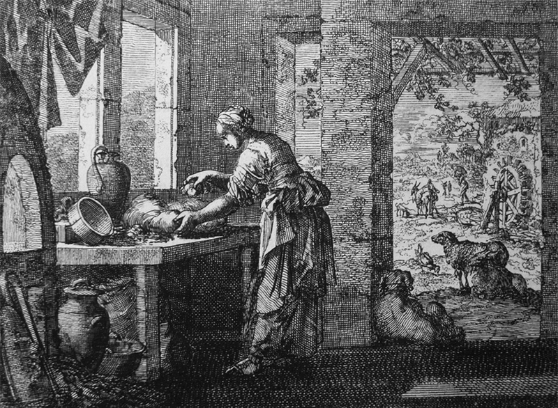 「からし種の例え」（上）と「パン種の例え」（下）を描いたヤン・ルイケンのエッチング（腐食銅版画）（英ボルトン博物館所蔵の「ボイヤー聖書」より）