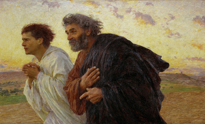 ウジェーヌ・ビュルナン「復活の朝、墓に走る弟子のペトロとヨハネ」（フランス・オルセー美術館所蔵）