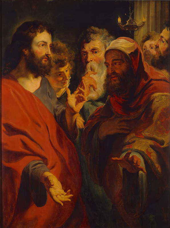 ジェイコブ・ヨルダーンス「ニコデモに教えるキリスト」（ベルギー王立美術館所蔵）