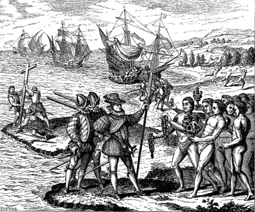  １５９０年に印刷された「アメリカの発見」の様子。コロンブスが先住民族の領土に十字架を打ち立てている。 