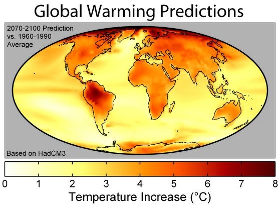 英国気象局ハドレーセンター「HadCM3」気候モデルによる地球温暖化予測図